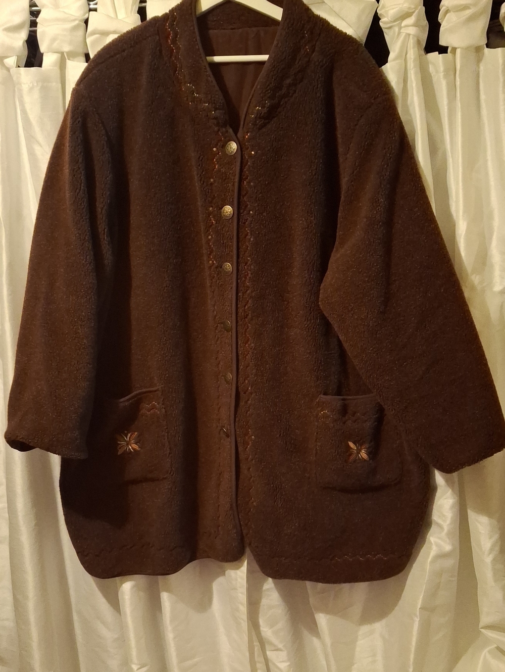 Cozy Brown Teddy Jacket with Embroidered Pockets